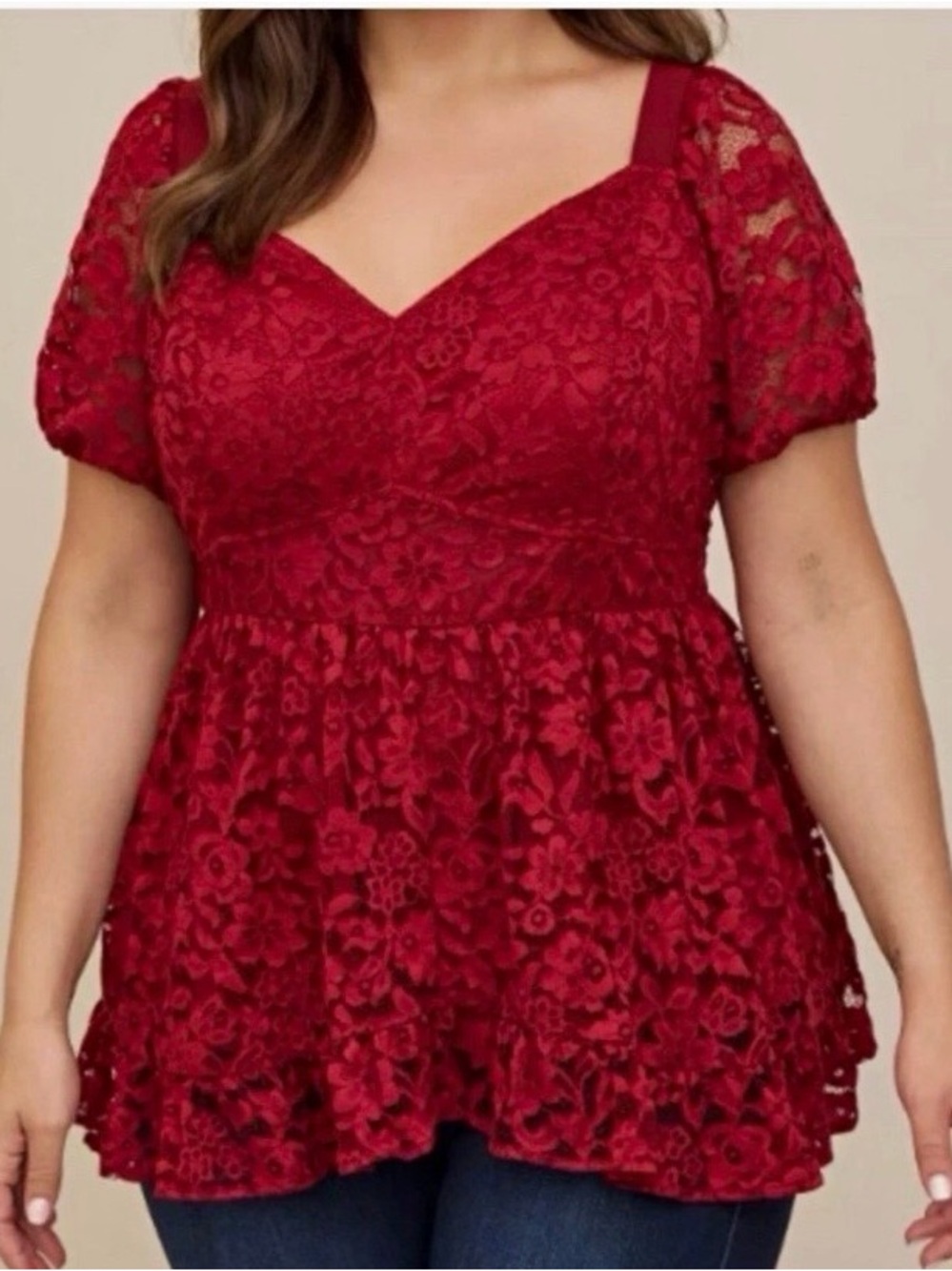 Torrid Red Floral Lace V-Neck Smocked Puff Short Sleeve Peplum Blouse Size 3